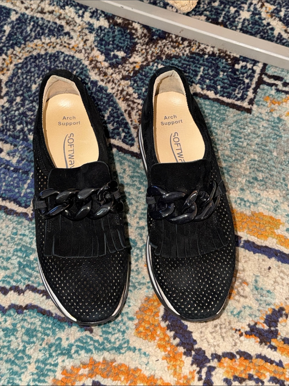 Black Softwalk Arch Support Slip-On Loafers with Chain Detail